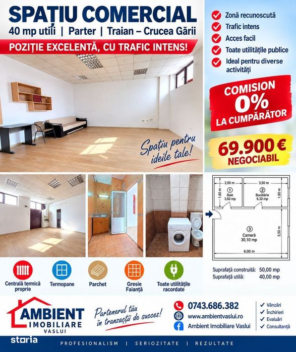 Spațiu comercial – ideal pentru birouri, VASLUI - zona CRUCEA GĂRII;