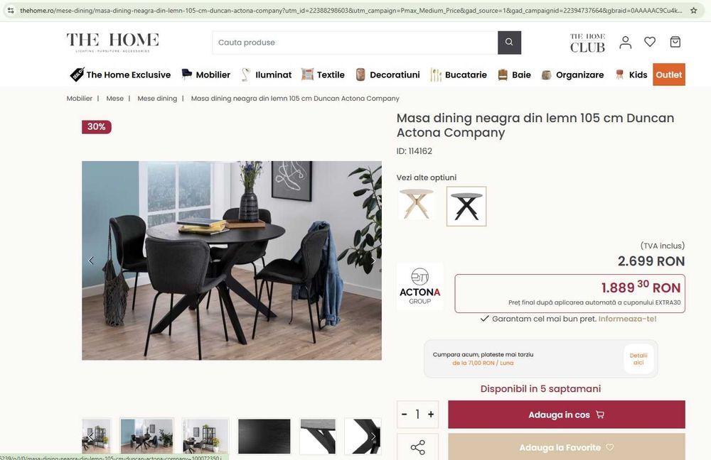 Masa de dining neagra din MDF 105 cm I_Duncan Actona