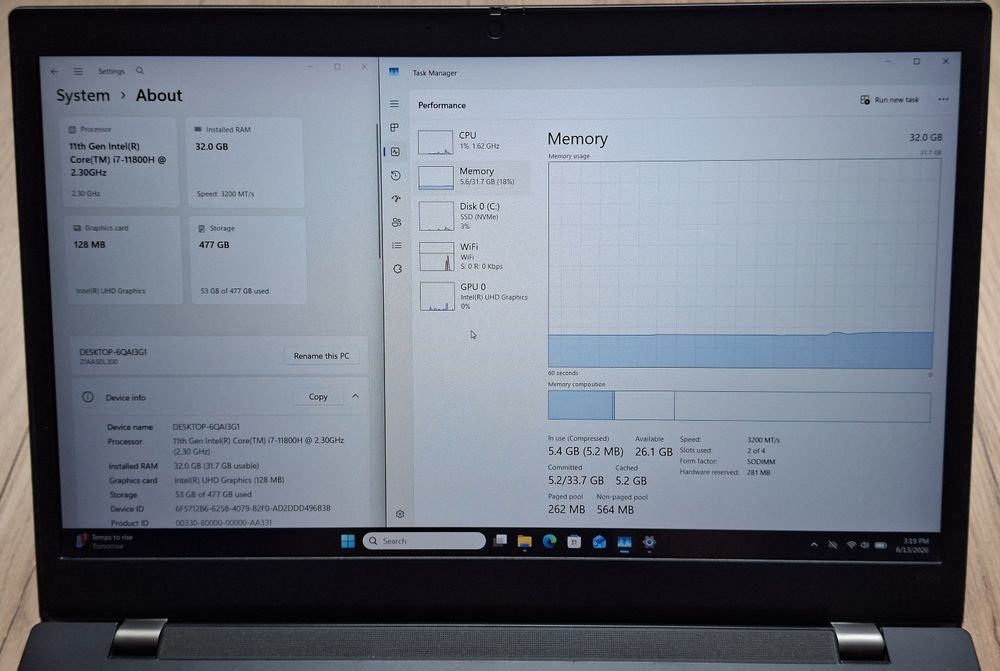 15.6' IPS Lenovo P15v Gen2 Intel Core i7-11800H/32GB DDR4/512GB/Бат.6ч.