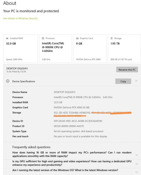 Desktop i9-9900k/32gb RAM/GeForce RTX 4060/8gb/ssd 128 gb+ HDD