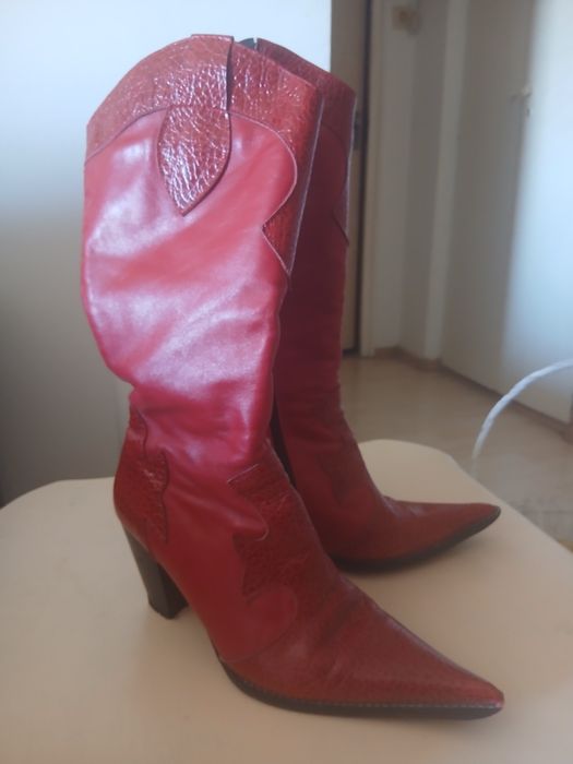 Cizme din piele naturală roșu bordo, bot ascuțit, toc 5 cm, 37