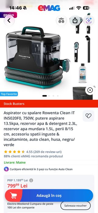 Aspirator cu spalare Rowenta Clean IT IN5020F0 ca Nou cu Garantie, 750W, putere aspirare 13.5kpa