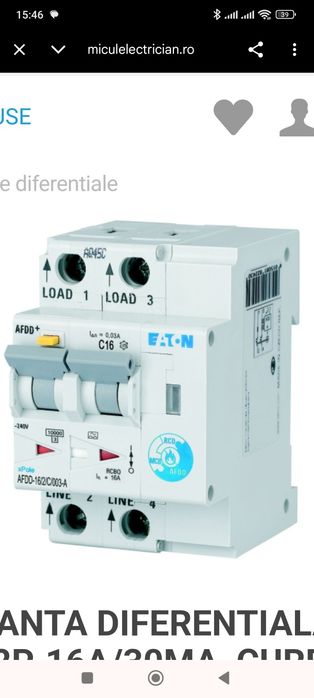 Siguranta Diferentiala AFDD 2P, 16A/30mA, curba C, 10 kA, Tip A, Eaton