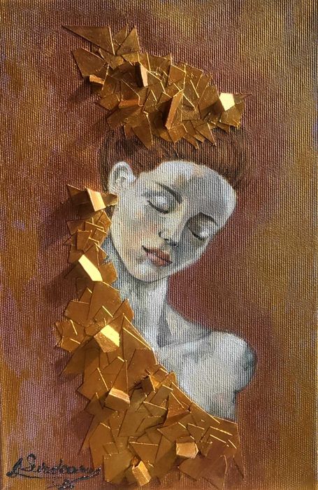 Tablou nou, pictura moderna ulei si mix media-MADONA-, pictor roman consacrat
