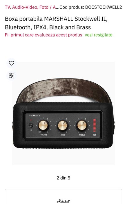 MARSHALL Stockwell II, Bluetooth, IPX4, sigilata, transport inclus