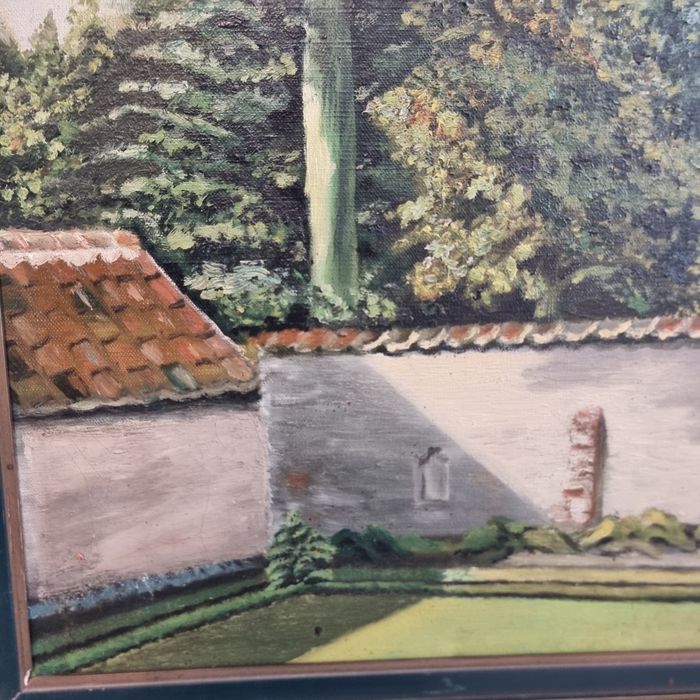 Tablou vechi ulei pe pânză semnat A. Eechan peisaj grădină 59x49 cm