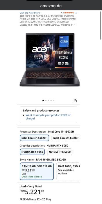 Laptop Gaming Acer Nitro V 15 i7-13620H RTX 5050 8GB 16GB 512GB 165Hz Nou Sigilat