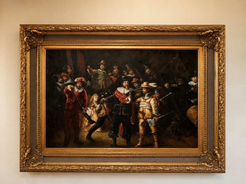 Tablou mare cu ramă aurie, reproducere „Rondul de noapte” (Rembrandt), 120 × 88 cm