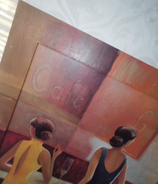 Антикварна картина две жени в кафене голяма в рамка без паспарту