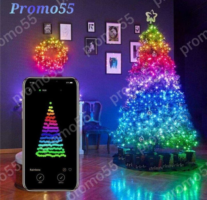 Коледни Лампички за Елха и Декорация 10м. с Дистанционно, Блутут, RGB