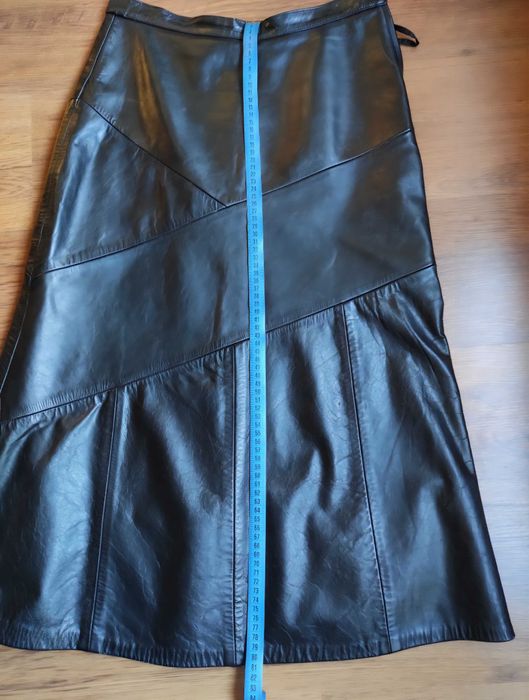 Дълга черна лъскава кожена пола от истинска естествена кожа, размер L