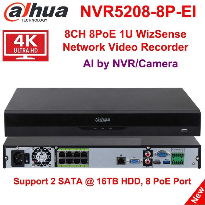 NVR Dahua DHI-NVR5208-8P-EI 8 porturi PoE 4K 32MP WizSense Recunoastere faciala Nou