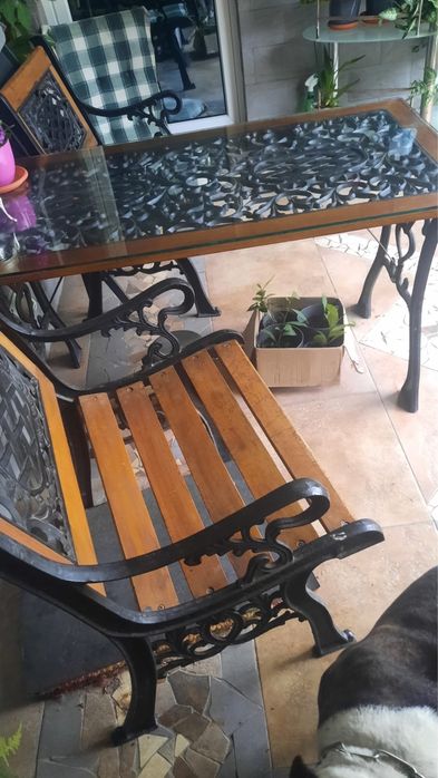 Set masă si scaune Fontă turnată și Lemn Masiv