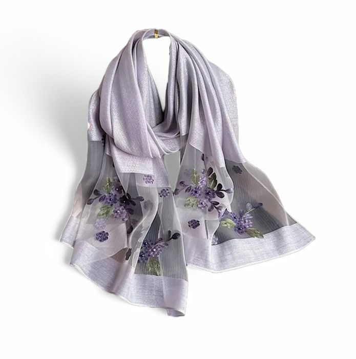 ПОСЛЕДНИ! Луксозен шифонен шал с флорална бродерия - различни цветове