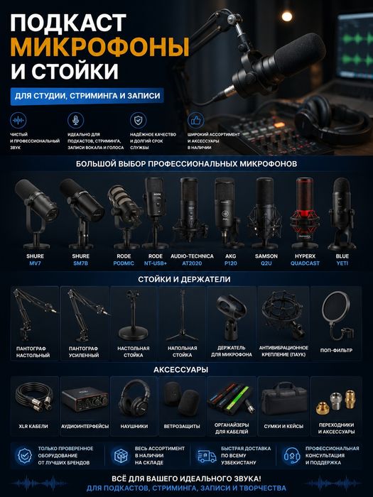 Профессиональные микрофоны и стойки для подкастов