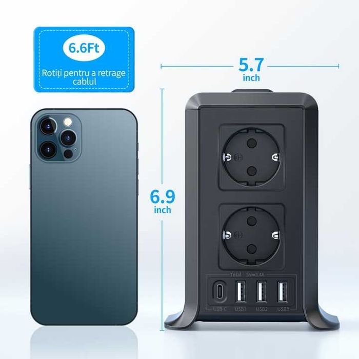 Prelungitor turn Sameriver,4 porturi USB 2,4A, 8 prize,2m,1200 jouli