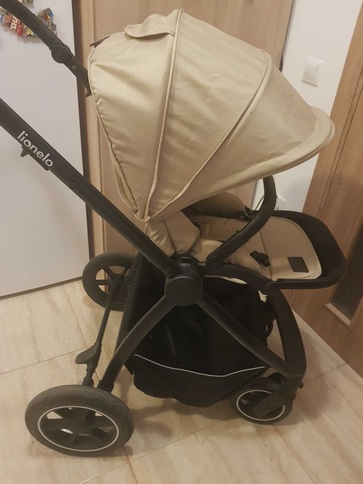 Carucior 3 in 1, Lionelo, Meril, Cu landou de dimensiune XL, Reversibil, Cu scoica auto testata ADAC, Cu accesorii, Pana la 22 kg, Bej