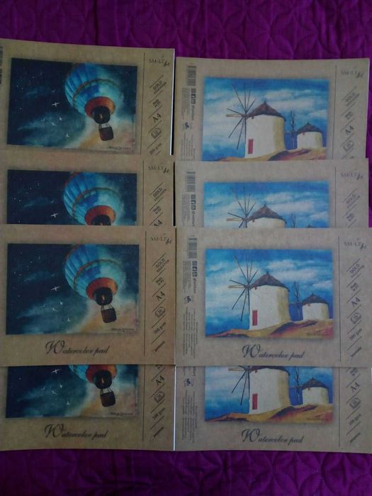 Акварелни скицници,бои,платна,моливи,гуми,телбот-кутийка консумативи.