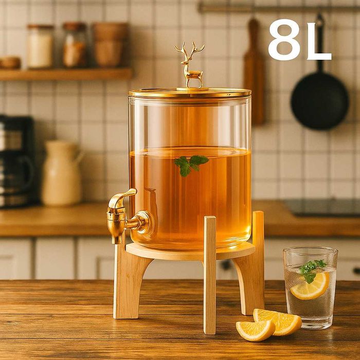 Голям диспенсър за напитки 8L с дървена стойка и златист кран