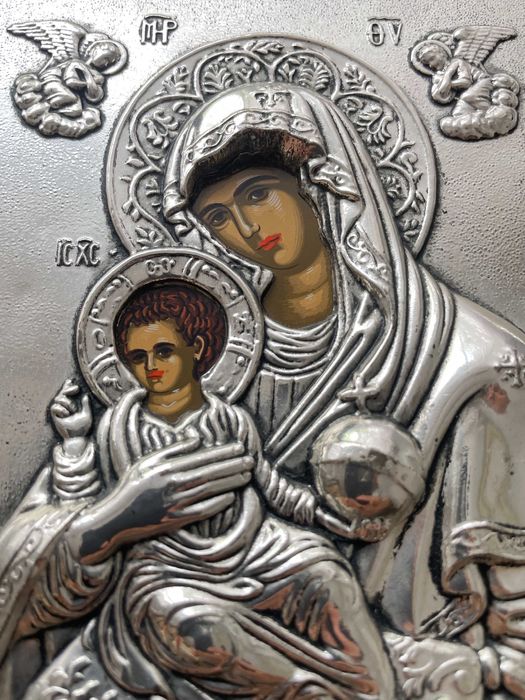 Icoana Maica Domnului Prunc IISUS Athos bizantin argintata certificata