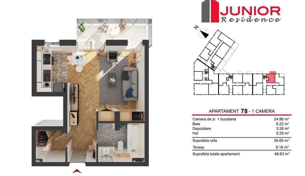 Apartament 1 cameră – zona Elite-Junior Residence, Iris | 40 mp + terasă 9 mp | parcare subterană inclusa