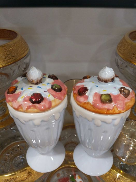 Винтажные стаканчики для мороженого сандей с крышками керамика