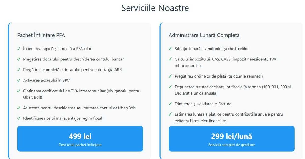PFA Uber/Bolt – Contabilitate+Infiintare+E-FACTURA 299 lei/luna