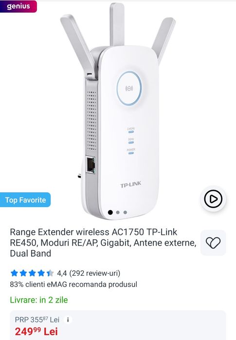 Vand 2 Range Extender wireless AC1750 TP-Link RE450