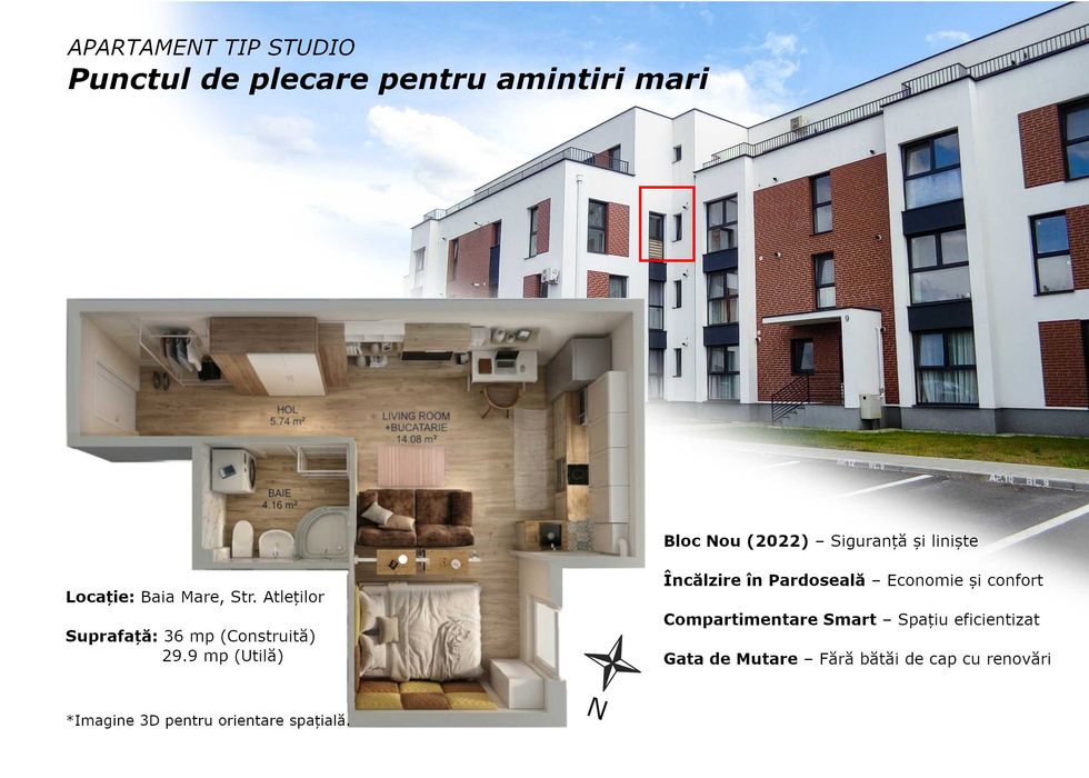Studio „La Cheie” | Bloc 2022 | Încălzire în pardoseală | 700m Centrul Vechi
