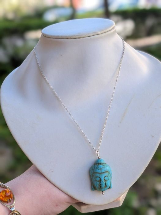 Vechi lanț/colier de argint 925 cu pandantiv tibetan cu Buddha, turcoaz