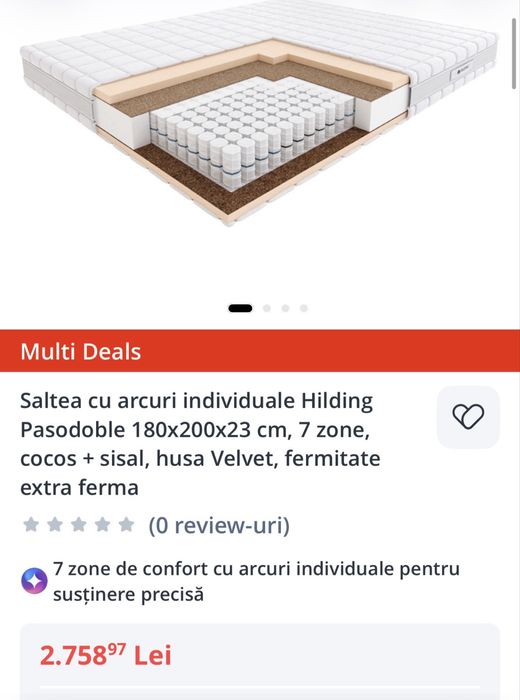 Saltea cu arcuri individuale Hilding Pasodoble 180x200x23 cm, 7 zone, cocos + sisal, husa Velvet, fermitate extra ferma