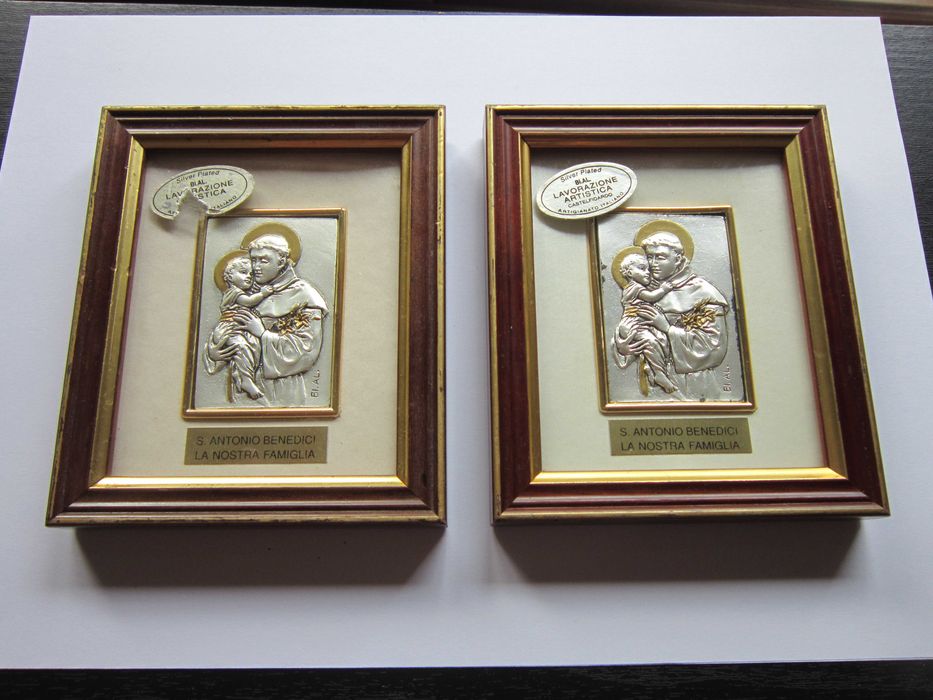 cadou rar Sf Anton de Padova 2xTablou Icoana placat argint Italia 1960