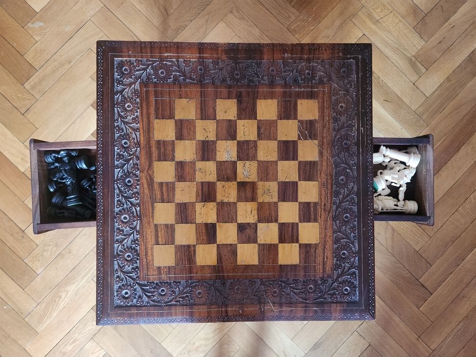 Măsuță de șah din lemn de trandafir, sculptată manual, cu sertare și p