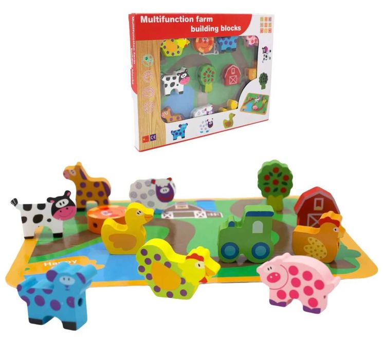 Дървени животни за нанизване- Ферма с връзка и постелка