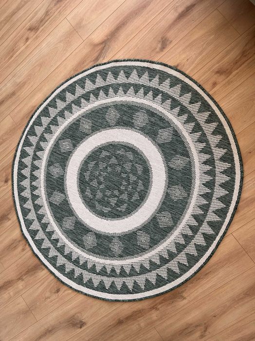 Covor rotund 2 fete, model geometric verde/crem, Ø140 cm