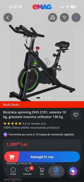 Bicicleta spinning DHS 2101, volanta 10 kg