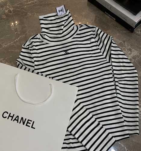chanel блузка поло с дълъг ръкав тънка пролетна на райе и рипс от памук нова. бяла черна шанел