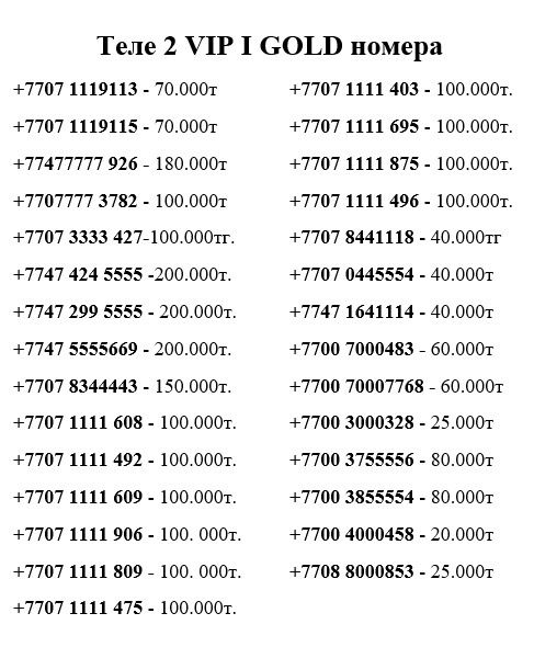 VIP красивые номера Beeline (Билайн), Tele2, Altel, Activ сим карта