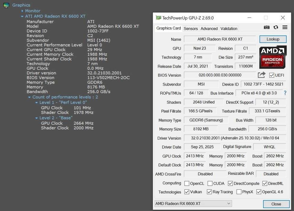 ТОП състояние Видео карта MSI Radeon RX 6600 XT MECH 2X 8G OC GDDR6