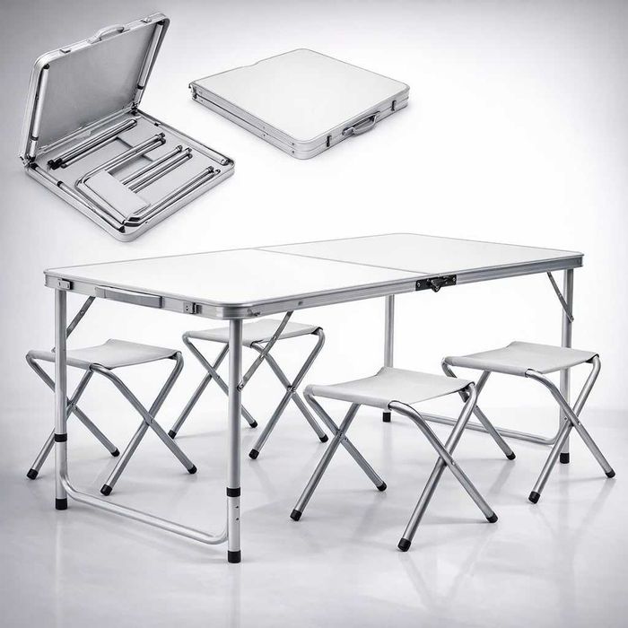 Сгъваема къмпинг маса с 4 стола и отвор за чадър - Алуминиева.