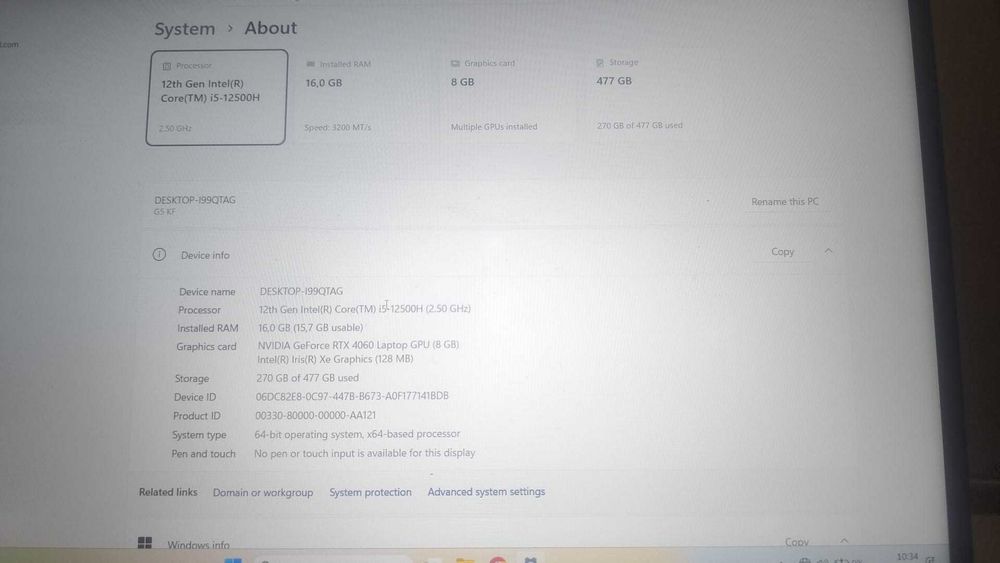 Laptop Gigabyte G5 RTX 4060 I5 12500h 16GB RAM