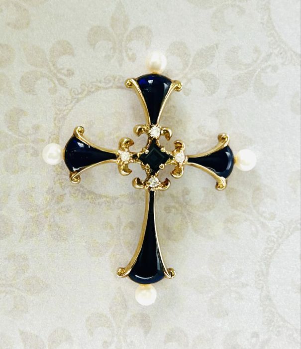 Cruciulita Faberge din aur 14K, email, diamante, perle, safir