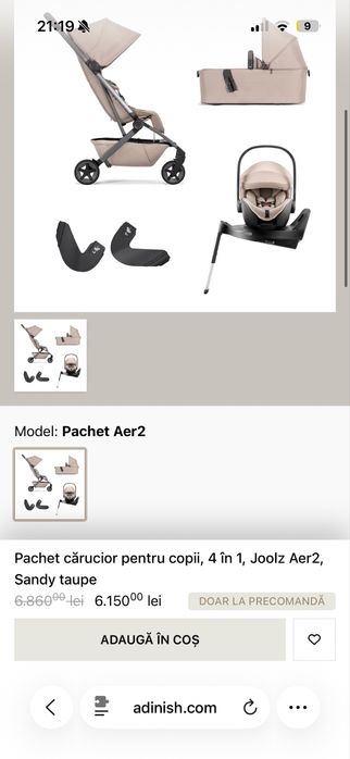 Joolz Aer+ Travel System complet – cărucior + landou + scoică auto + bază ISOFIX | Garanție 10 ani