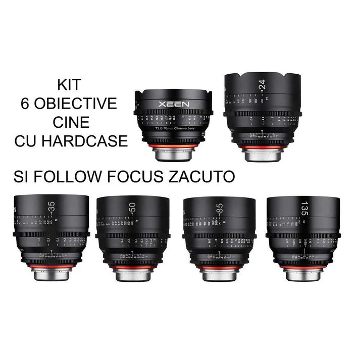 Set 6 Obiective Cine XEEN Rokinon Samyang T1.5 16mm 24mm 35mm 50mm 85mm 135mm Zacuto Follow Focus