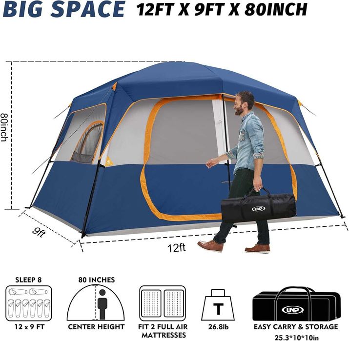 Cort de camping UNP pentru 4-8 persoane, impermeabil și rezistent la vânt, cu prelată de ploaie