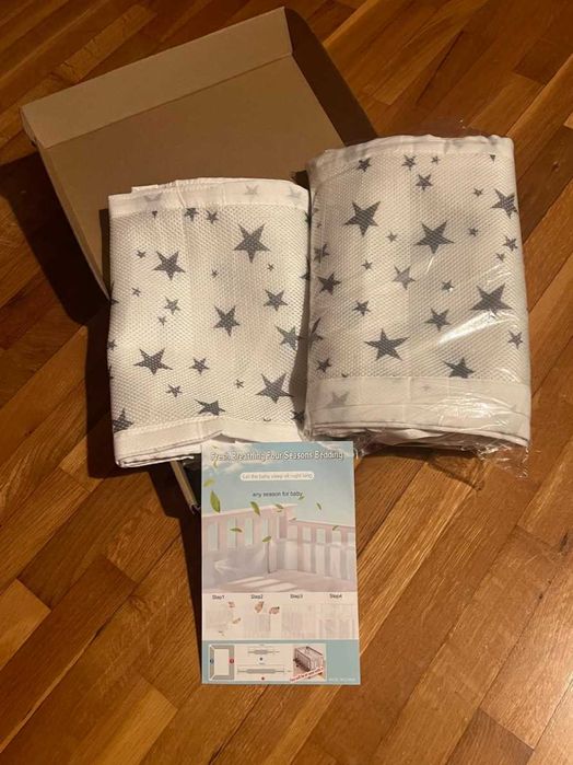 Set protectie patut bebe, GOGOU, captuseala din plasa respirabila, alb
