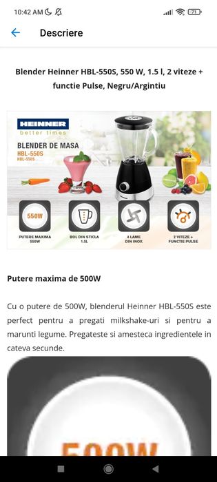 Blender mixer Heinner bol sticla OptiMix600