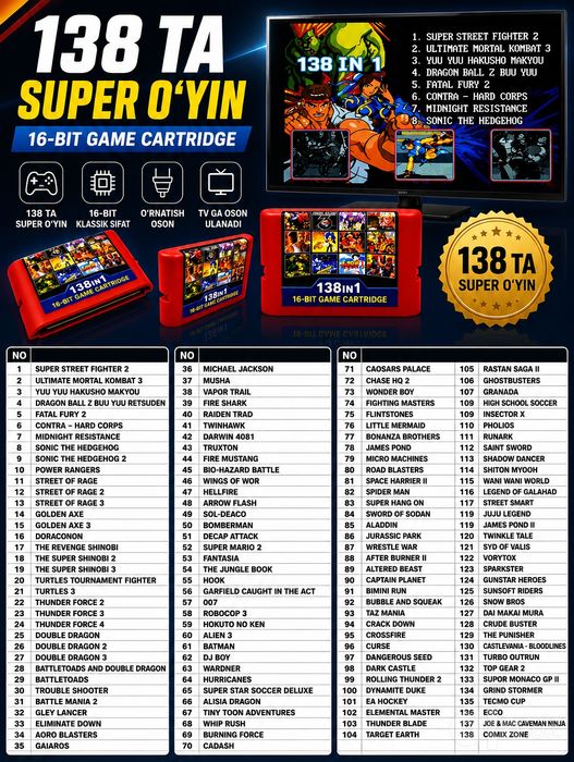 Sega 16 bit konsoli uchun kartrij (138 in1)