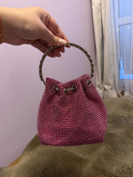 Малка чанта с камъни, розова, тип pouch