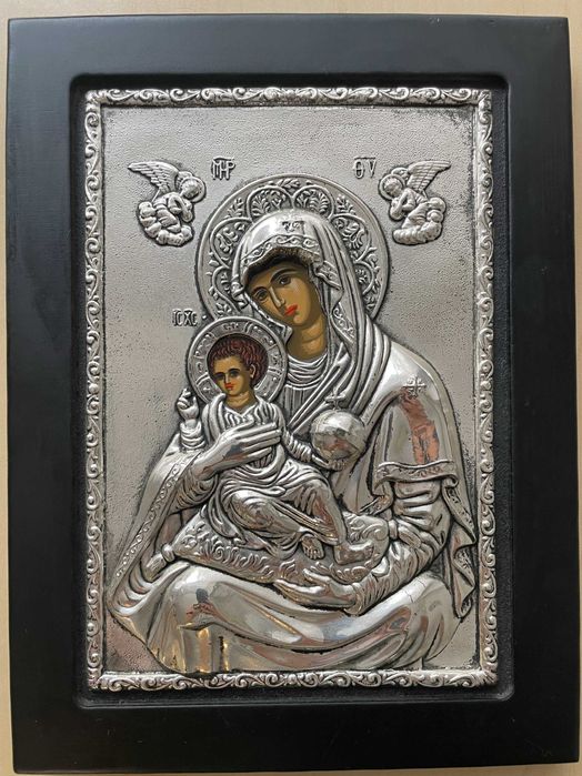 Icoana Maica Domnului Prunc IISUS Athos bizantin argintata certificata